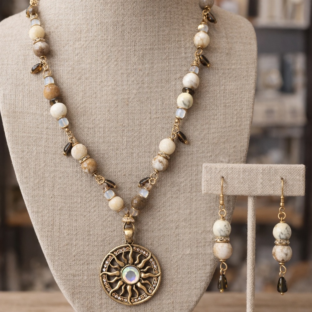 Handmade Dendritic Opal & Smoky Quartz Sun Necklace Set - Picture 2 of 6